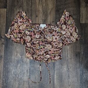 Meraki Floral Puff Sleeve Blouse - Brown and Pink